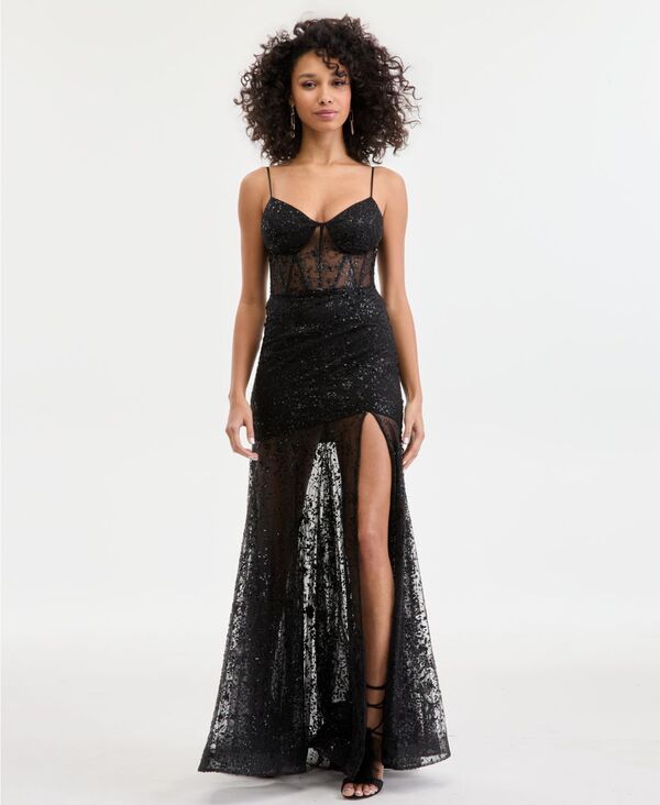 シティー スタジオ レディース トップス ワンピース シアースカート シアー スパンコール スカート City Studios Juniors' Glitter Sequin Drop-Waist Corsetop Sheer Skirt Gown BLACK ブラック|ReVida 店