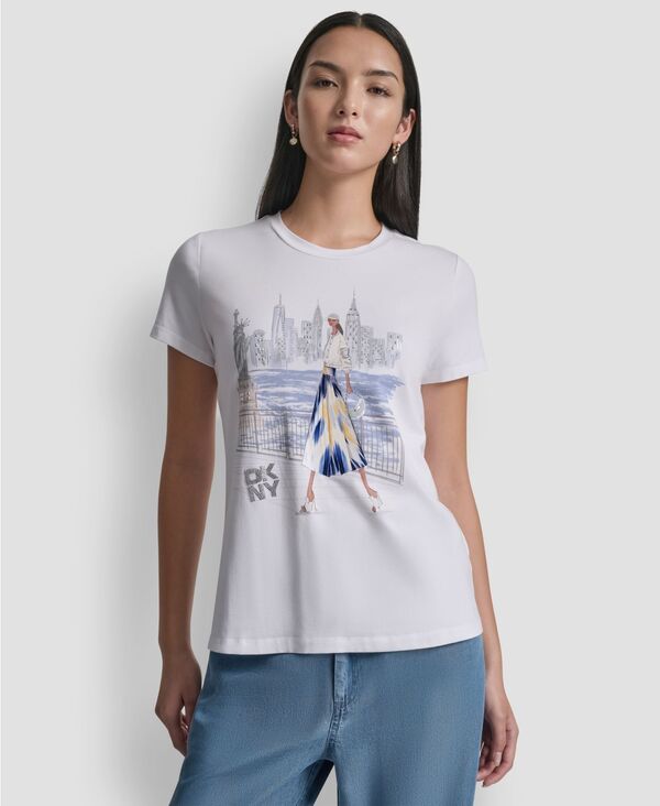 ダナ キャラン ニューヨーク レディース トップス Tシャツ 半袖 グラフィック DKNY Women'statue of Liberty Graphic Short-Sleeve T-Shirt White ホワイト｜ReVida 店