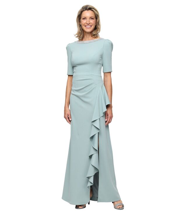 アレックスイブニングス レディース トップス ワンピース フリル Alex Evenings Women's Embellished-Neck Ruffle Gown Ice Sage セージ|ReVida 店