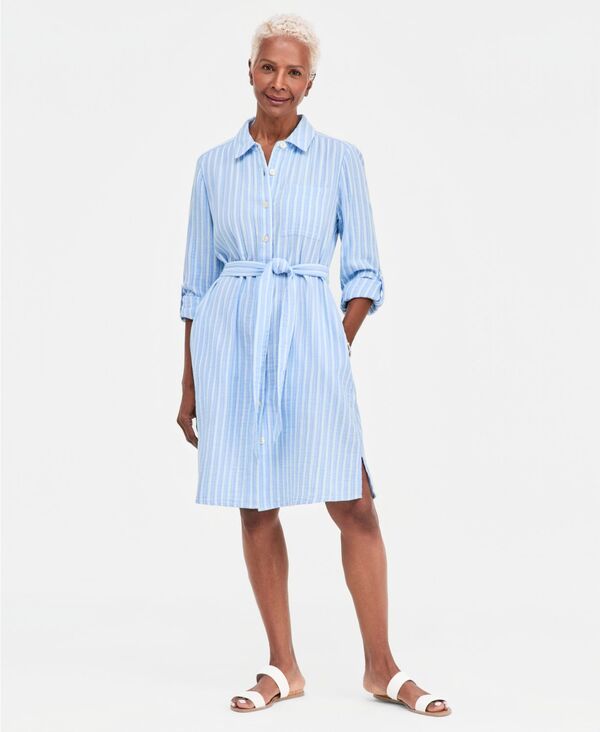 スタイルアンドコー レディース トップス シャツ プチ コットン Style & Co Petite Cotton Belted Shirtdress Macy's Exclusive Pat Stripe Rain ストライプ｜ReVida 店