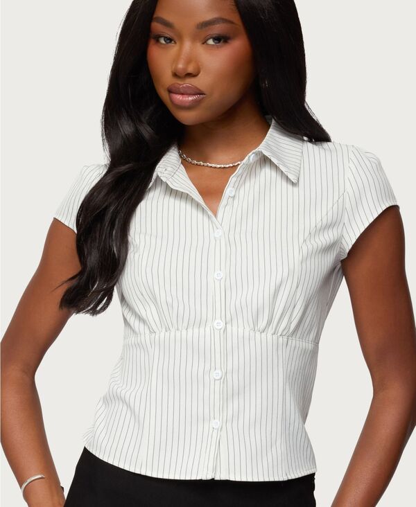 アディクテッド レディース トップス シャツ Edikted Women's Juney Pinstripe Tailored Button Up Shirt White-and-black ホワイト|ReVida 店