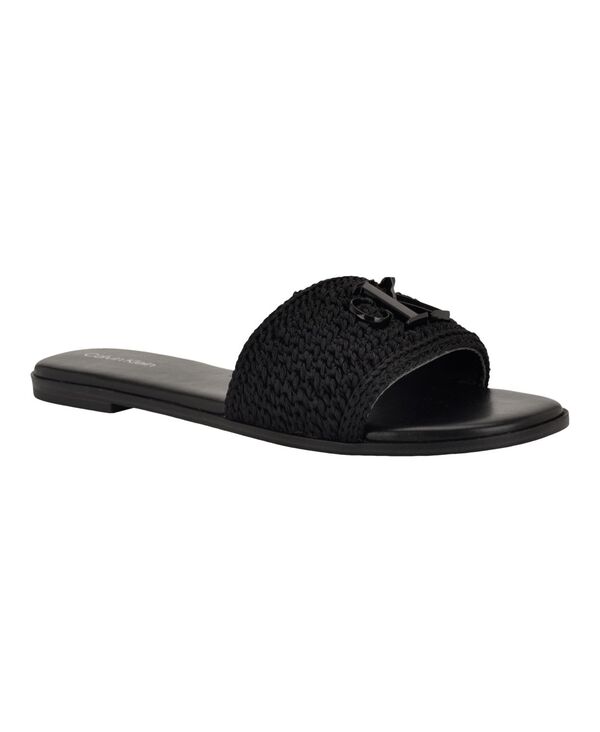 カルバンクライン レディース シューズ スリッポン・ローファー サンダル ロゴタイプ Calvin Klein Women\u0027s Kamine Woven Logo Flat Slip-On Sandals Black Woven 黒いこと