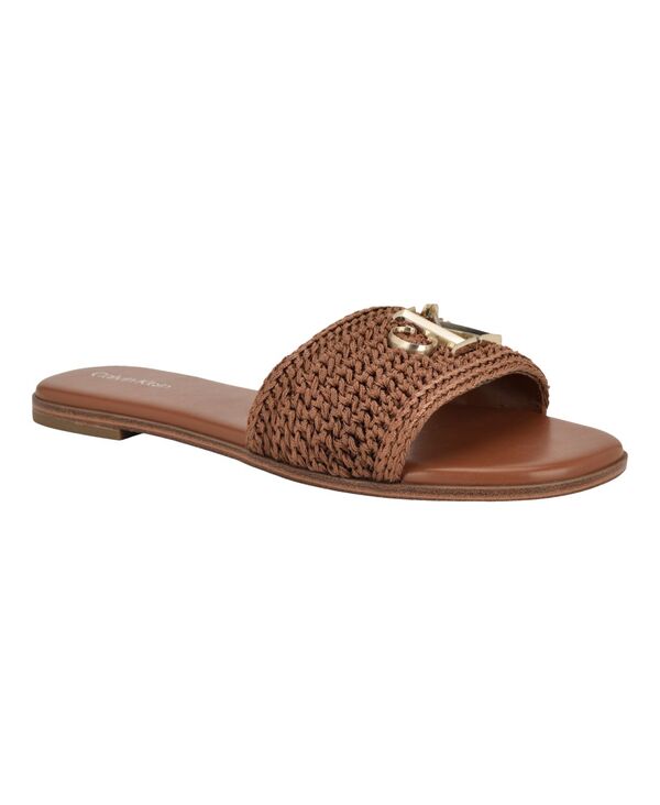 カルバンクライン レディース シューズ スリッポン・ローファー サンダル ロゴタイプ Calvin Klein Women\u0027s Kamine Woven Logo Flat Slip-On Sandals Dark Natural Woven