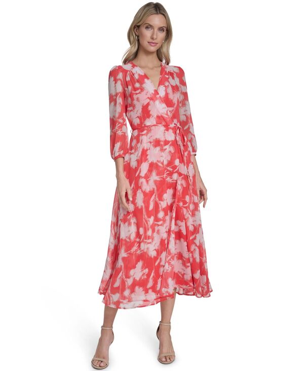 カルバンクライン レディース トップス ワンピース Vネック ミディ Calvin Klein Women's 3/4-Sleeve V-Neck Midi Dress Ginger Multi マルチカラー|ReVida 店