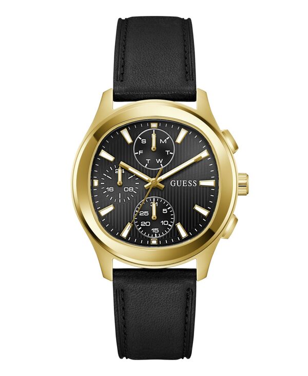 ゲス メンズ 添え物 ウオッチ ティーシャツ なめし革 GUESS Men\u0027s Gold-Tone Stainlesteel Black Leather Multi-Function Watch 40粍 Black 黒いこと