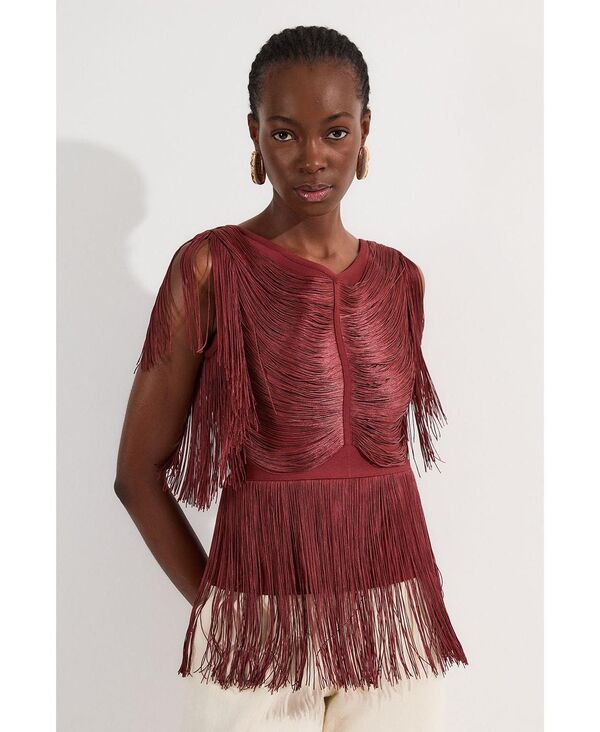 カレンミレン レディース トップス シャツ ドレープ ニット フリンジ Karen Millen Women's Draped Fringe Knitted Top Rich red レッド|ReVida 店