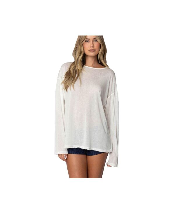 アディクテッド レディース トップス シャツ セミシアー Edikted Women's Oversized Semi Sheer Long Sleeve T Shirt White ホワイト|ReVida 店