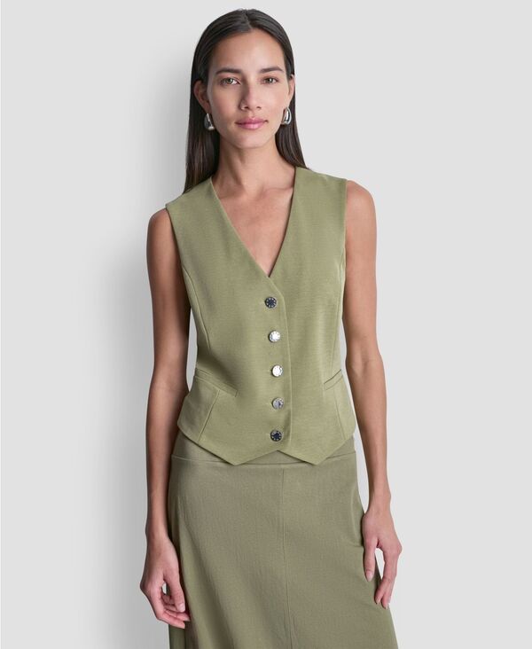 ダナ キャラン ニューヨーク州 レディース トップス より良い Vのど首 ノースリーブ DKNY Women\u0027sleeveless V-Neck Arid Pique Vest Light Fatigue トップス-ベスト・ジレ-レディースファッション