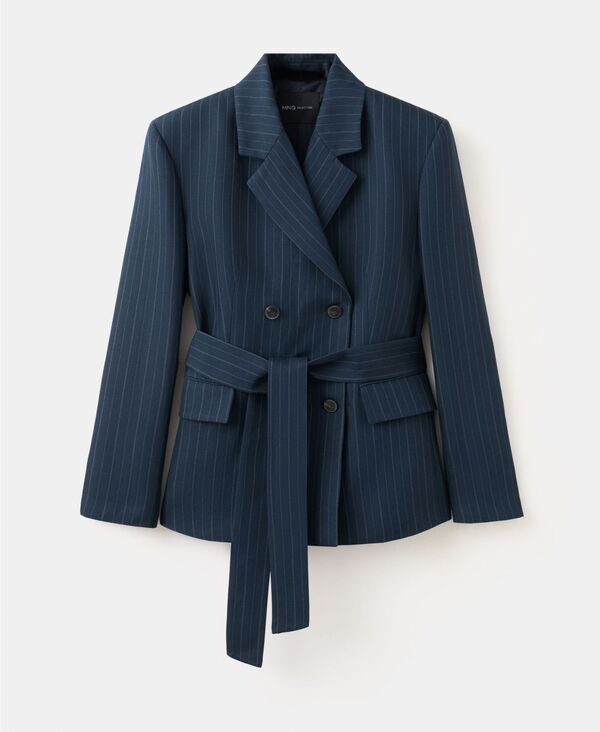 マンゴ レディース アウター ジャケット・ブルゾン ブレザー MANGO Selection Women's Pinstriped Belted Blazer Navy ネイビー｜ReVida 店