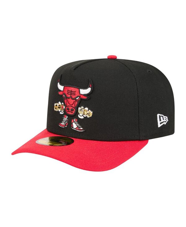 ニューエラ メンズ アクセサリー 帽子 ロゴ New Era Men's Black Chicago Bulls Injection Cartoon Logo A-Frame 59FIFTY Fitted Hat Black Red ブラック|ReVida 店