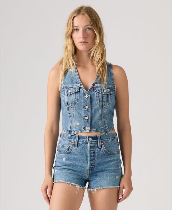 リーバイス レディース アウター ジャケット・ブルゾン Vネック ベスト コットン 刺繍 Levi's Women's Embroidered Mainline V-Neck Cotton Racer Vest Bee In The Bonnet Vest｜ReVida 店