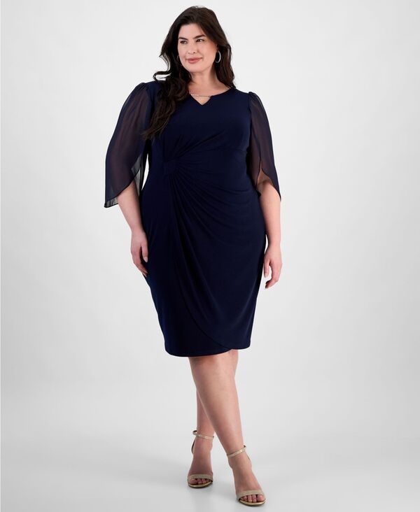 コネクテッド レディース トップス ワンピース プラスサイズ シアー Connected Plusize Sheer-Sleeve Chain-Detail Sheath Dress Nvy|ReVida 店