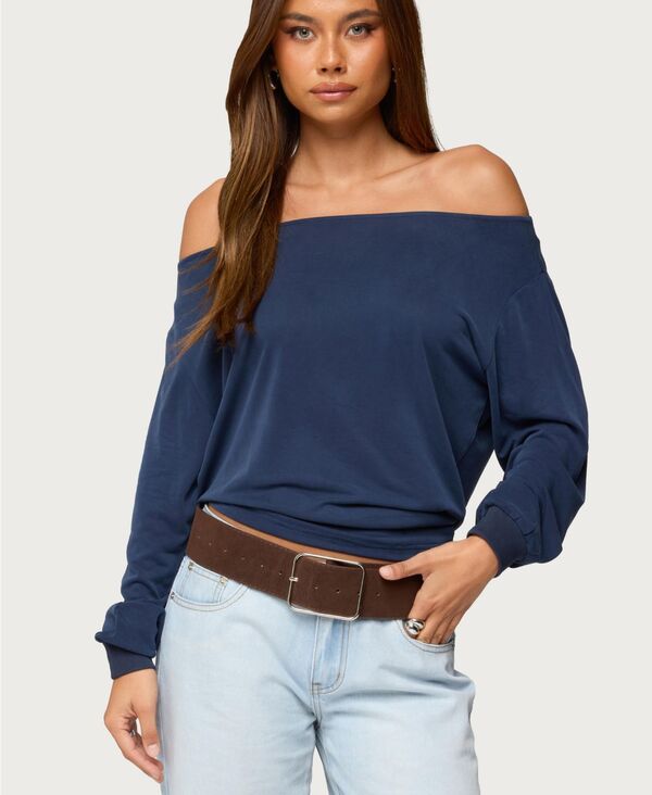 アディクテッド レディース トップス シャツ Edikted Women's Nannie Off Shoulder Oversized Top Navy ネイビー｜ReVida 店