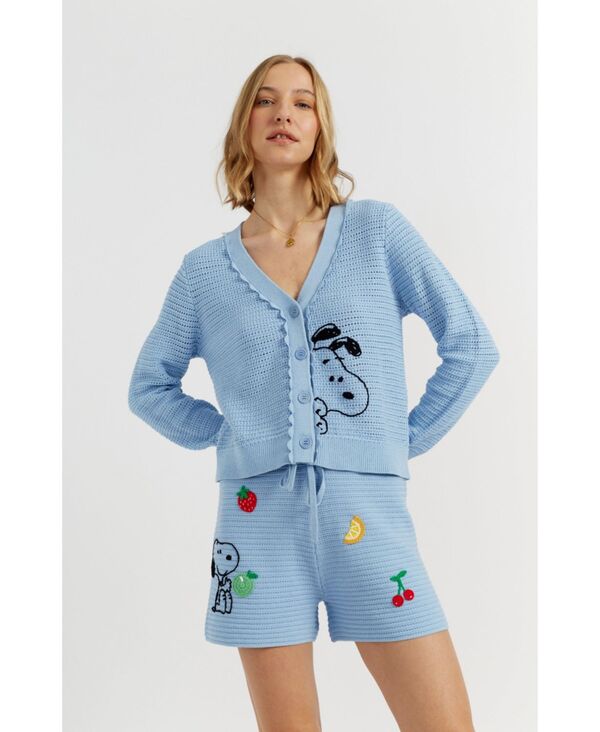 チンティアンドパーカー レディース アウター ニット・セーター コットン カーディガン Chinti & Parker Women's Cotton Snoopy Crochet Peekabo Cardigan Light blue ブルー｜ReVida 店