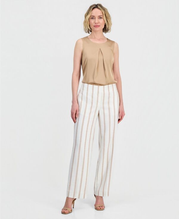 カスパール レディース ボトムス カジュアルパンツ プチ Kasper Women'striped Clean-Waist Pants Regular & Petite Vanilla Ice/Sesame ストライプ|ReVida 店