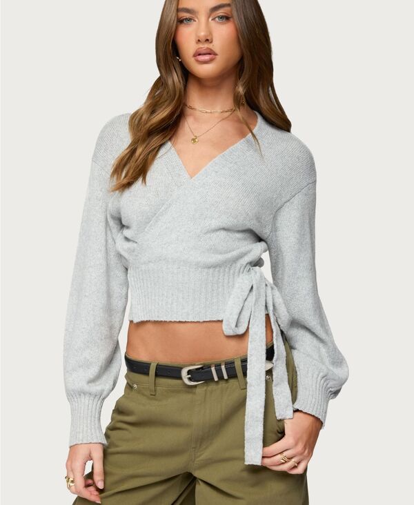 アディクテッド レディース アウター ニット・セーター カーディガン Edikted Women'stella Wrap Knit Cardigan Gray-melange グレー｜ReVida 店