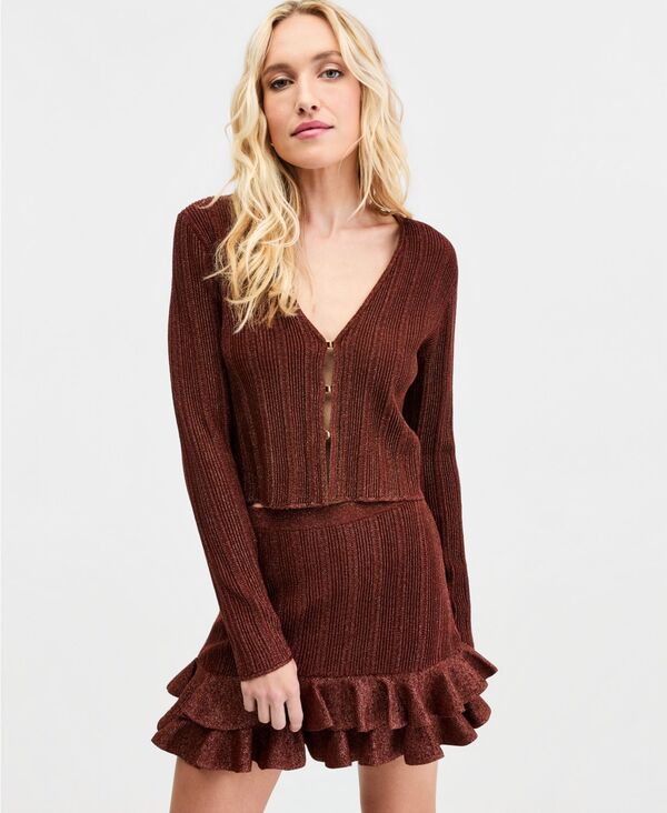 赤ちょうちんスリー レディース アウター 編み物・プルオーバー トール ジレー クロップド Bar III Women\u0027s Metallic-Knit Cropped Cardigan Macy\u0027s Exclusive Warm Sienna メタリック トップス-セーター-ニット・セーター