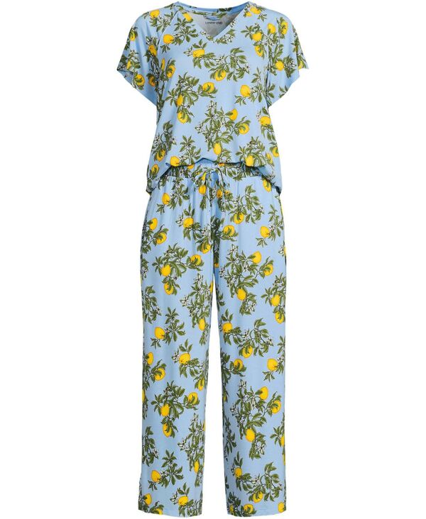 ランズエンド レディース アンダーウェア ナイトウェア パンツ Lands' End Women's Cooling Pajama Set - Short Sleeve Top and Cropants Misty blue large citrus print ブルー｜ReVida 店