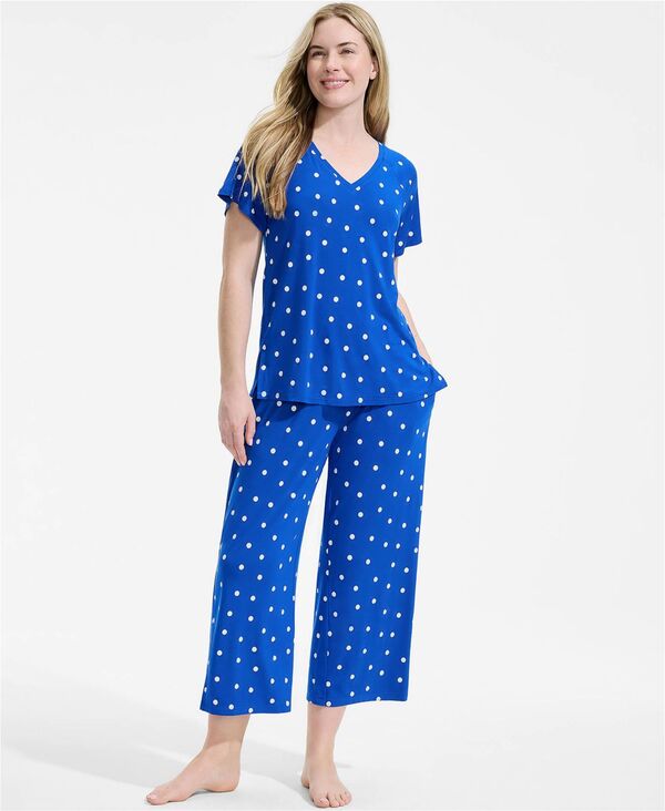ランズエンド レディース アンダーウェア ナイトウェア パンツ Lands' End Women's Cooling Pajama Set - Short Sleeve Top and Cropants Vibrant lapis dot｜ReVida 店