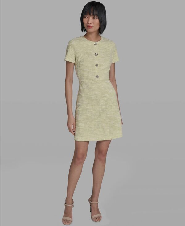 カール ラガーフェルド レディース トップス ワンピース クルーネック ツイード 半袖 KARLAGERFELD PARIS Women's Tweed Crewneck Short-Sleeve Sheath Dress Tea Green/Soft White Multi ホワイト|ReVida 店