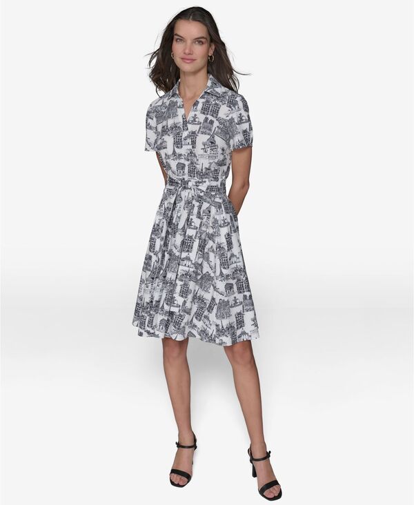 カール ラガーフェルド レディース トップス ワンピース KARLAGERFELD PARIS Women's Paris Toile Tie-Waist Dressft Wt/Bk Combo|ReVida 店