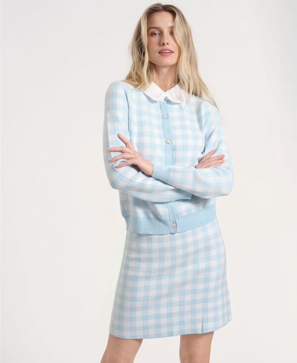 イザックミズラヒ レディース アウター ニット・セーター ギンガムチェック カーディガン 長袖 ギンガム Isaac Mizrahi Women's Long-Sleeve Gingham Cardigan Cerulean/white Gingham ホワイト｜ReVida 店