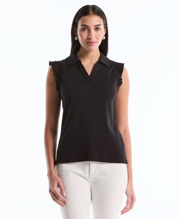 ラファエラ レディース トップス ポロシャツ プチ フリル ノースリーブ Rafaella Petite Ruffle Sleeveless Polo Shirt Black ブラック|ReVida 店