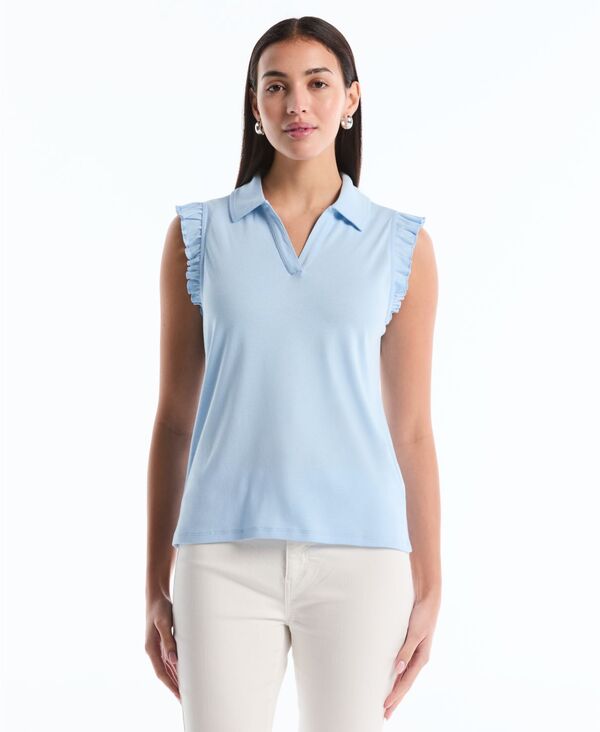 ラファエラ レディース トップス ポロシャツ プチ フリル ノースリーブ Rafaella Petite Ruffle Sleeveless Polo Shirt Cerulean|ReVida 店