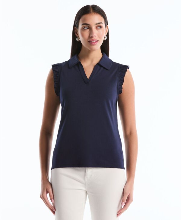 ラファエラ レディース トップス ポロシャツ プチ フリル ノースリーブ Rafaella Petite Ruffle Sleeveless Polo Shirt Peacoat｜ReVida 店