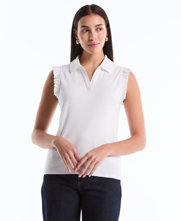 ラファエラ レディース トップス ポロシャツ プチ フリル ノースリーブ Rafaella Petite Ruffle Sleeveless Polo Shirt White ホワイト｜ReVida 店