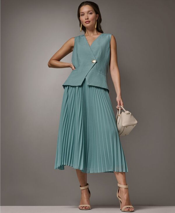 ダナ キャラン ニューヨーク レディース トップス ベスト プリーツスカート Vネック プリーツ スカート ノースリーブ Donna Karanew York Women'sleeveless V-Neck Vest and Pleated Skirt 2-Piece Set Dress Waterlily｜ReVida 店