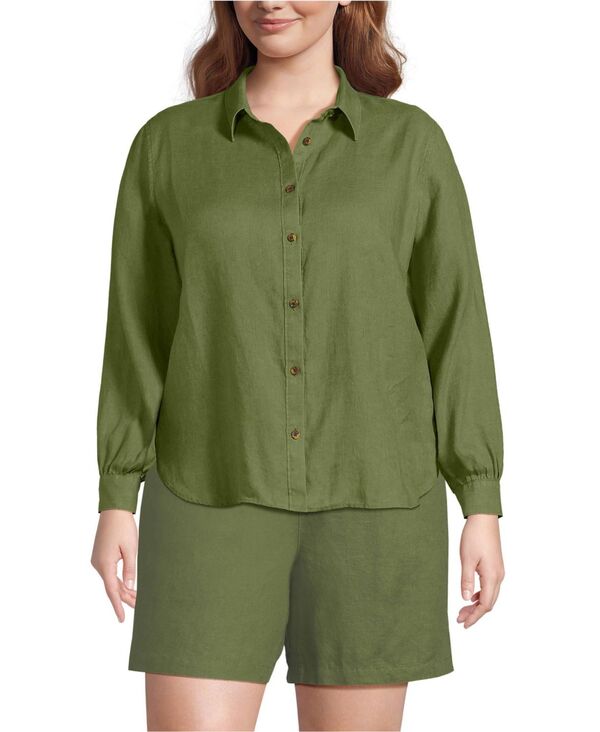 ランズエンド レディース トップス シャツ プラスサイズ ミニ リネン Lands' End Plusize Linen Long Sleeve Feminine Shirt Artichoke｜ReVida 店