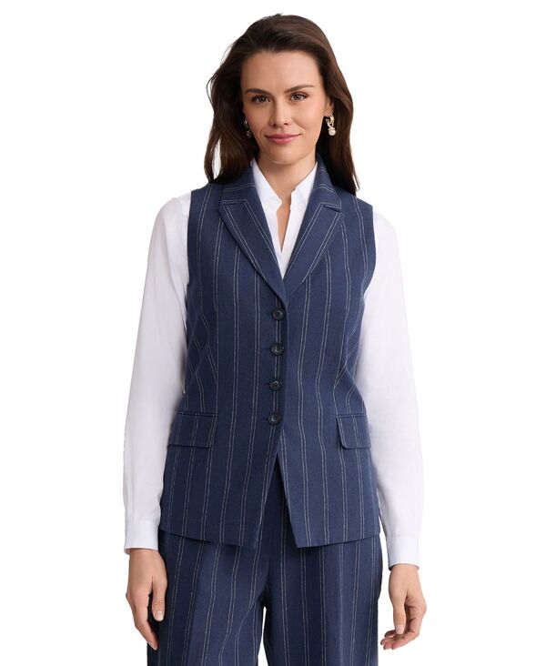 ジョーンズニューヨーク レディース トップス ベスト リネン Jones New York Women's Four-Button Linen-Blend Peak Lapel Vest Pacific Navy ネイビー|ReVida 店