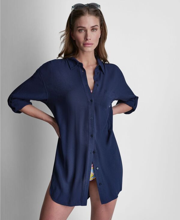 ダナ キャラン ニューヨーク レディース トップス シャツ DKNY Women\'s Gauze Collared Button-Front Beach Shirt Navy ネイビー｜ReVida 店