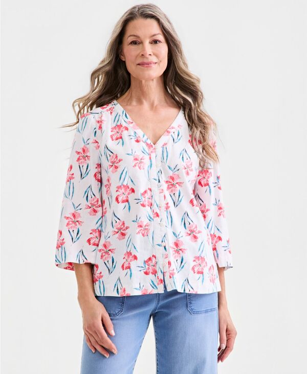 スタイルアンドコー レディース トップス シャツ プリント ブラウス リネン Style & Co Women's Printed 3/4-Sleeve Linen Blend Blouse Macy's Exclusivemelia Garden White ホワイト｜ReVida 店