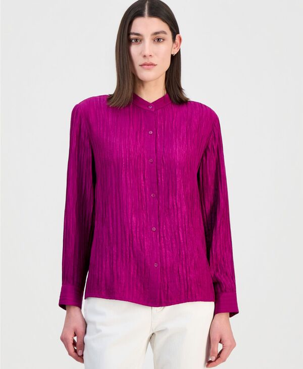エイリーンフィッシャー レディース トップス シャツ シルク ブラウス Eileen Fisher Women'silk Mandarin Collar Button Blouse Berry Bloom|ReVida 店