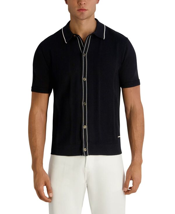 長い巻き毛 ラガーフェルド メンズ アウター 編み物・スウェーター 半袖 KARLAGERFELD PARIS Men\u0027short-Sleeve Regular-Fit Woven Sweater Black 黒いこと
