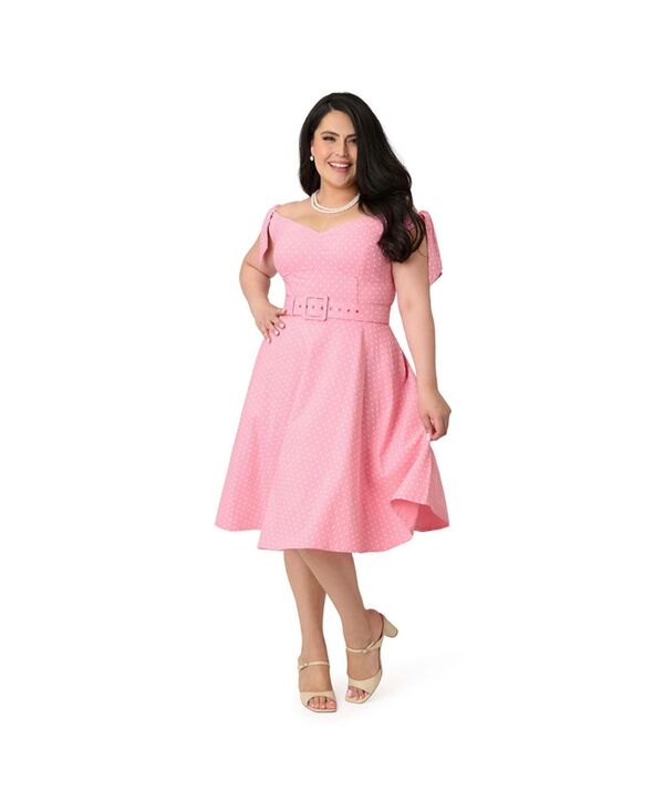 ユニークビンテージ レディース トップス ワンピース プラスサイズ ベルベット Unique Vintage Plusize Velvet Prairie Swing Dress Pink & white pin dot ホワイト｜ReVida 店