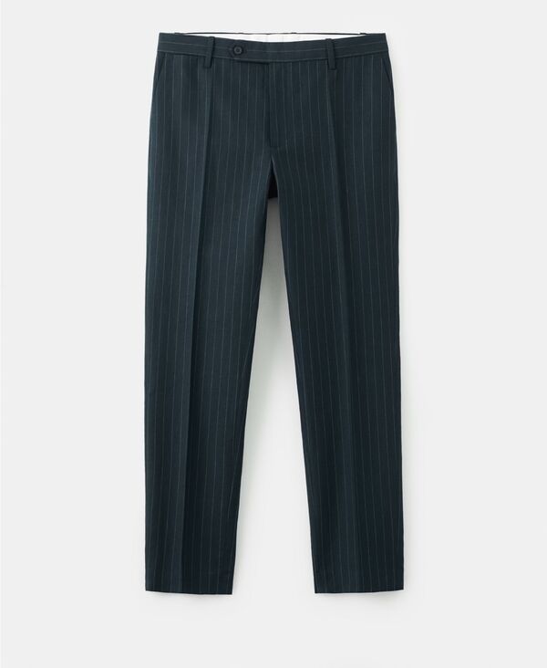 マンゴ メンズ ボトムス カジュアルパンツ リネン MANGO Men\'s Pinstripes Regular-Fit Linen-Blend Pants Navy ネイビー｜ReVida 店