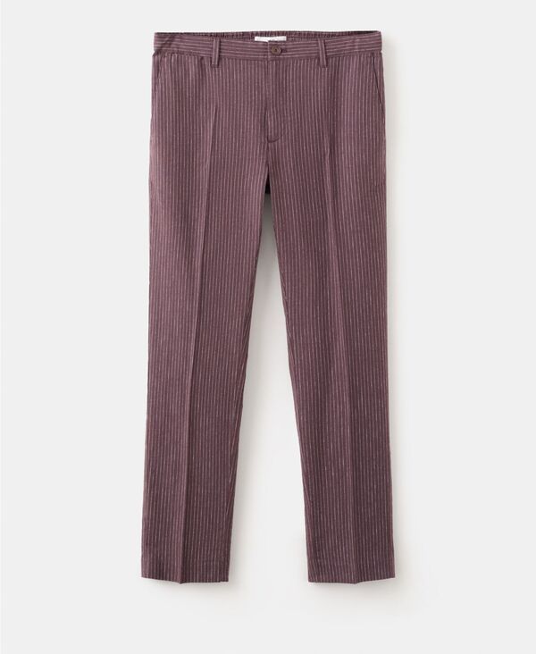 マンゴ メンズ ボトムス 心地好いズボン下 綿織物 リネン MANGO Men\u0027slim-Fit Striped Linen-Cotton Pants Plum 酸桃