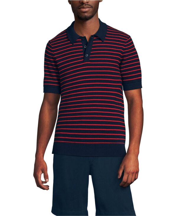 ランズ挙げ句の果て メンズ アウター 編み物・スウェーター スポーツシャツ Lands\u0027 End Men\u0027short Sleeve Fine Gauge Sweater Polo Navy/red stripe 米国海軍