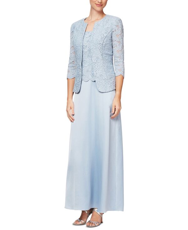 アレックスイブニングス レディース トップス ワンピース プチ レース ジャケット Alex Evenings Petite Lace Dress and Jacket Hydrangea Blue ブルー｜ReVida 店