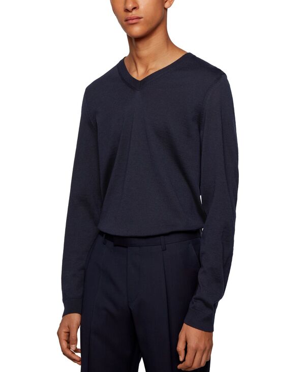 ヒューゴボス メンズ アウター 編み物・スウェーター Vのど首 羊毛 Hugo Boss Men\u0027s V-Neck Wool Sweater Dark Blue 青色
