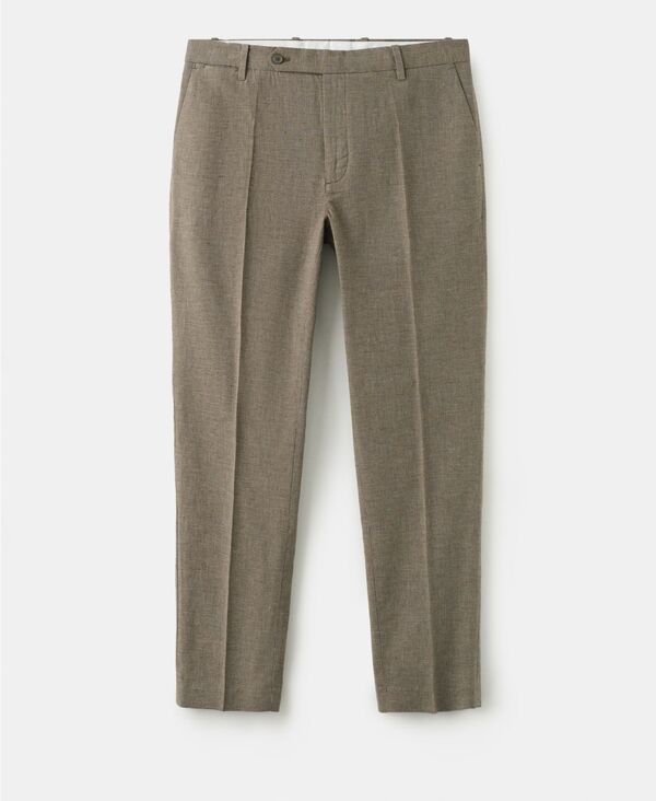 マンゴ メンズ ボトムス カジュアルパンツ リネン MANGO Men's Regular-Fit Houndstooth Linen-Blend Pants Brown ブラウン|ReVida 店