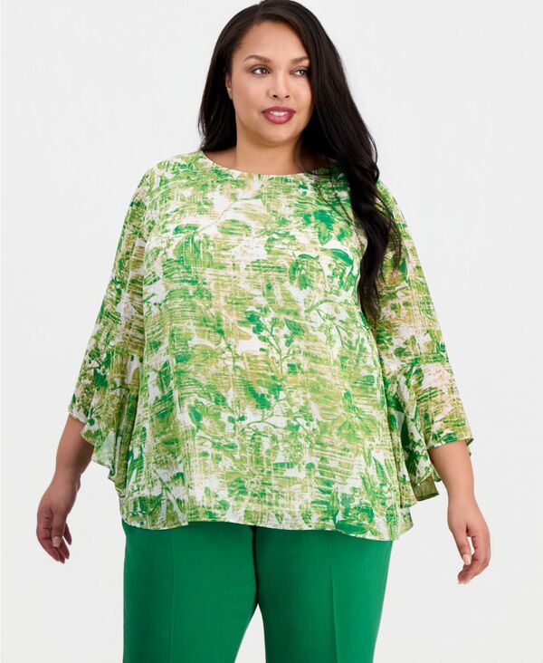 カスパール レディース トップス シャツ プラスサイズ プリント フリル ブラウス Kasper Plusize Printed Ruffled-Sleeve Blouse Lush Green Multi グリーン|ReVida 店