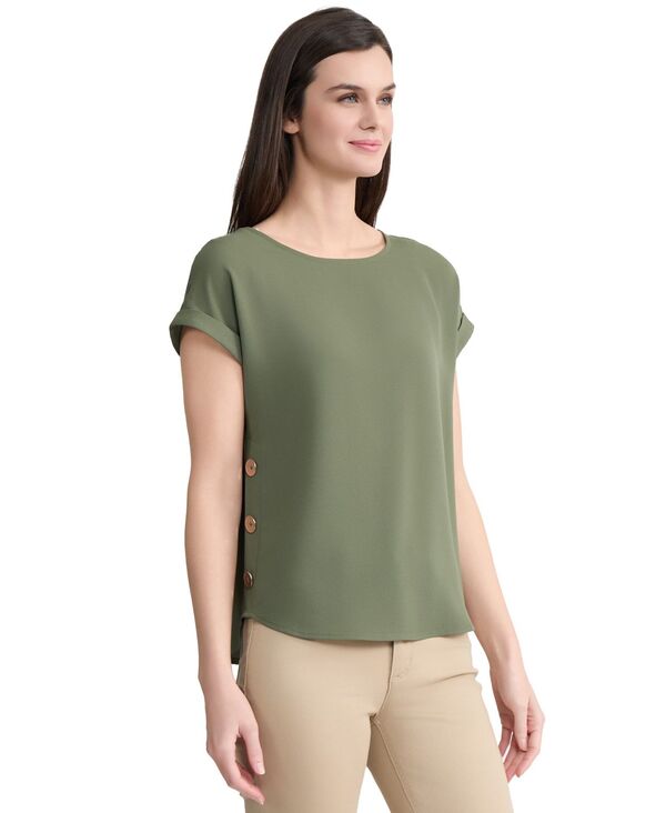 ジョーンズニューヨーク レディース トップス シャツ 半袖 ブラウス Jones New York Women'short-Sleeve Side-Button Blouse Fatigue Green グリーン|ReVida 店