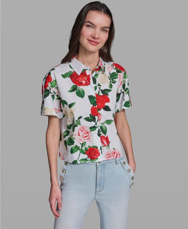 カール ラガーフェルド レディース トップス シャツ プリント 半袖 KARLAGERFELD PARIS Women's Printed Short-Sleeve Camp Shirt Soft White Multi ホワイト｜ReVida 店