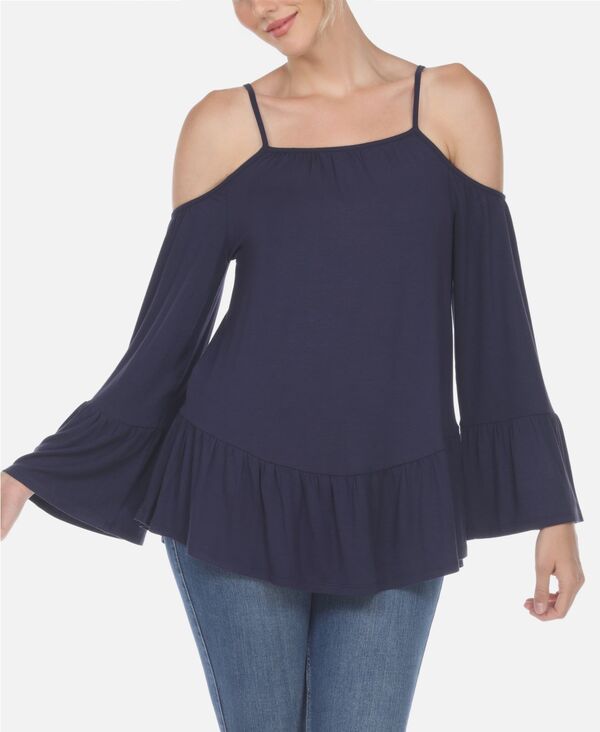 ホワイトマーク レディース トップス シャツ フリル White Mark Women's Cold Shoulderuffle Sleeve Top Navy ネイビー｜ReVida 店