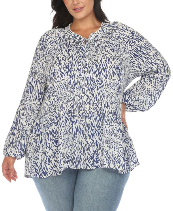 ホワイトマーク レディース トップス シャツ プリント ブラウス White Mark Women's Printed Peasant Blouse White Blue ホワイト|ReVida 店