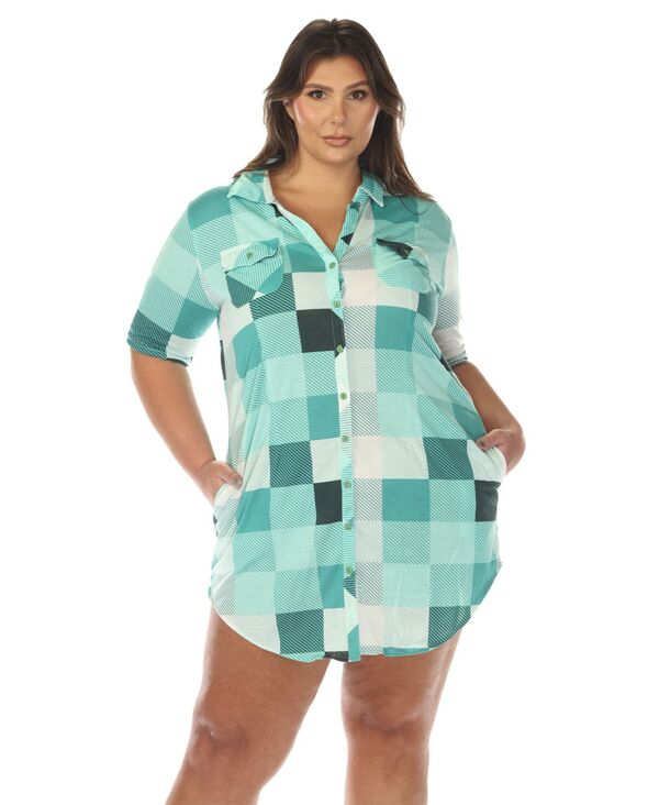 ホワイトマーク レディース トップス ワンピース シャツ ダウン White Mark Women'short Sleeve Plaid Button-Down Shirt Dress Green グリーン|ReVida 店